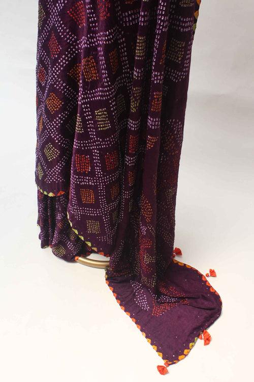 Multicoloured Bandhani on Gaji Silk Saree - Plum