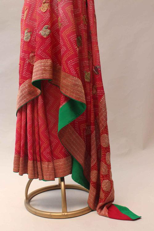 Peach Tomato Shaded Meenakari Banarasi Bandhani Saree