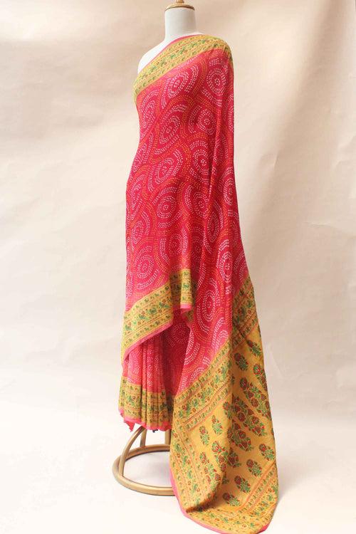 Red Peach Meenakari Banarasi Bandhani Saree