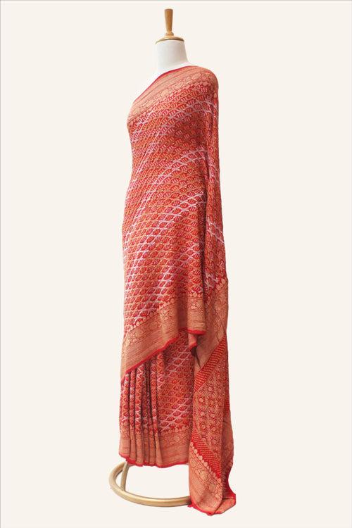 Gharchola Silver Golden Banarasi Saree with Bandhani - Red