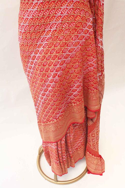 Gharchola Silver Golden Banarasi Saree with Bandhani - Red