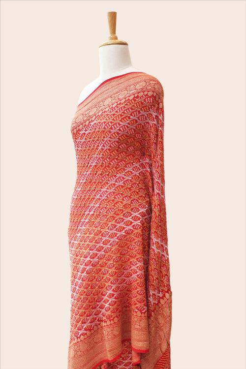 Gharchola Silver Golden Banarasi Saree with Bandhani - Red