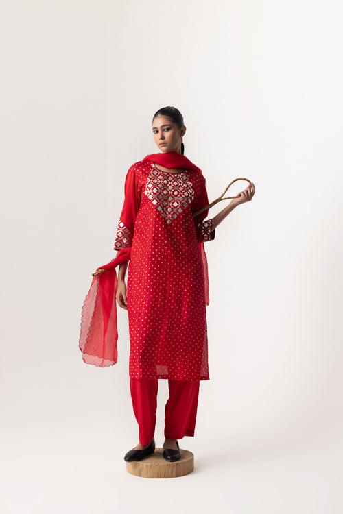 Gota Embroidered Bandhani Suit Set - Red