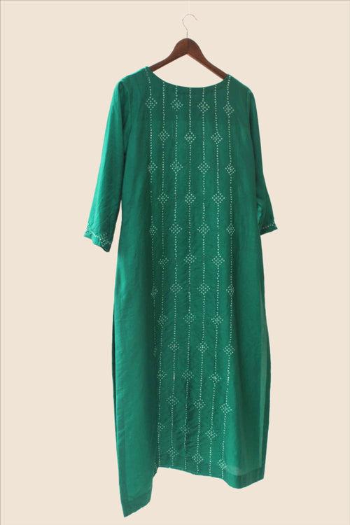 Bandhani on Pure Silk Kurta Pants Set - Green