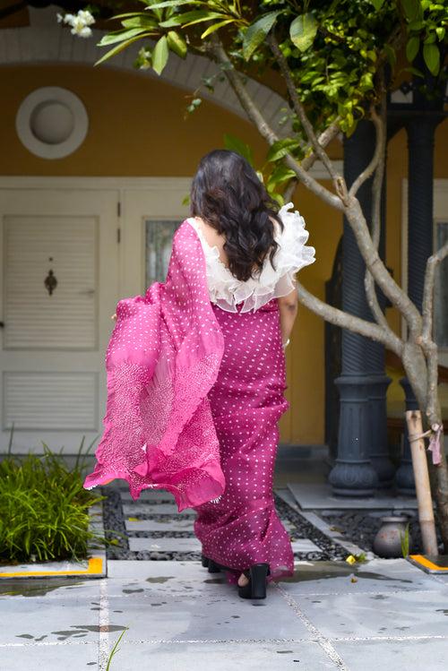 Bandhani on Organza Saree with Pattern on Pallu - Plum