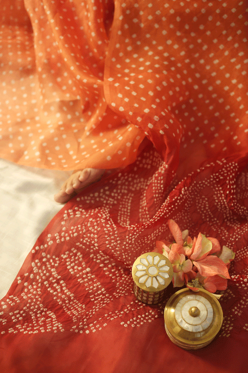 Bandhani on Pure Organza Saree with Pattern on Pallu - Brick Brown