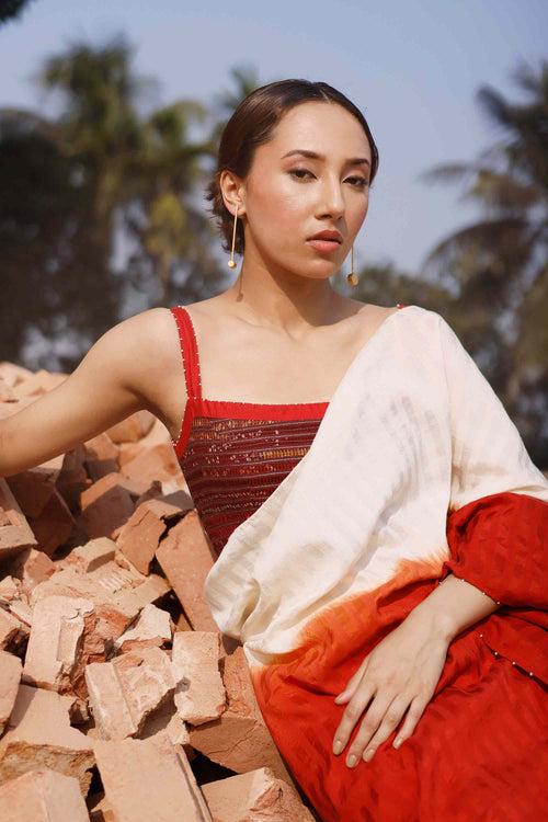 Brick Red Off White Shaded Silk Cotton Saree