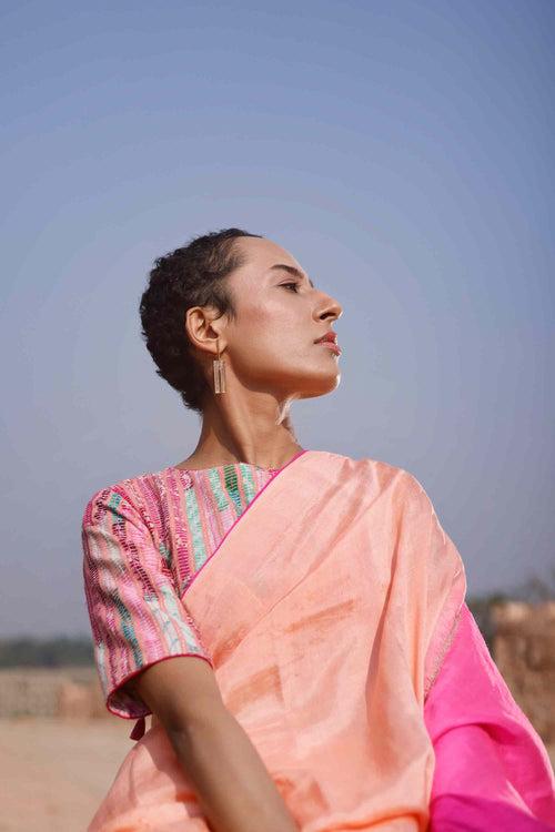 Peach Silk Saree with Colour Blocked Palla