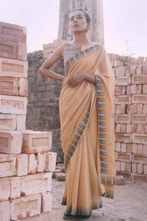 Chanderi Tissue Saree with Thread Embroidery - Sand Brown