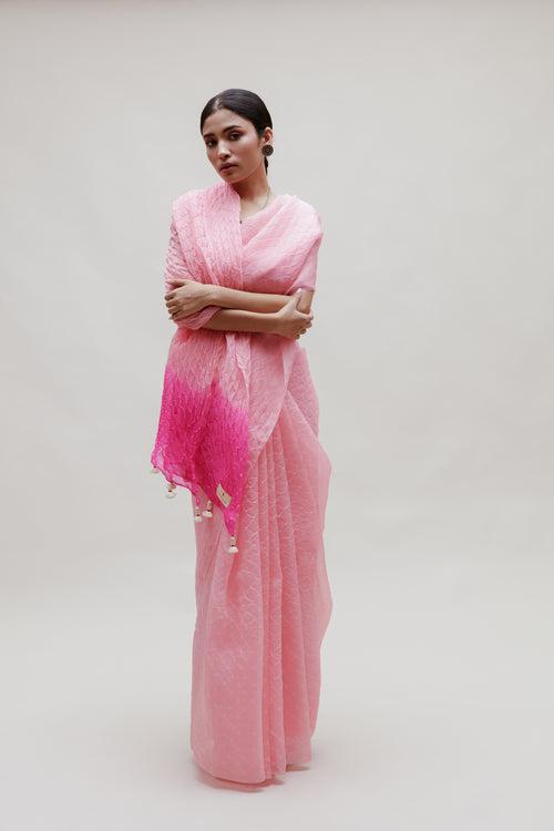 Bandhani on Organza Saree in Pink and Rani