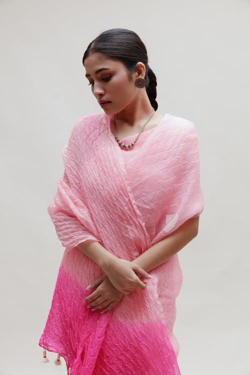 Bandhani on Organza Saree in Pink and Rani