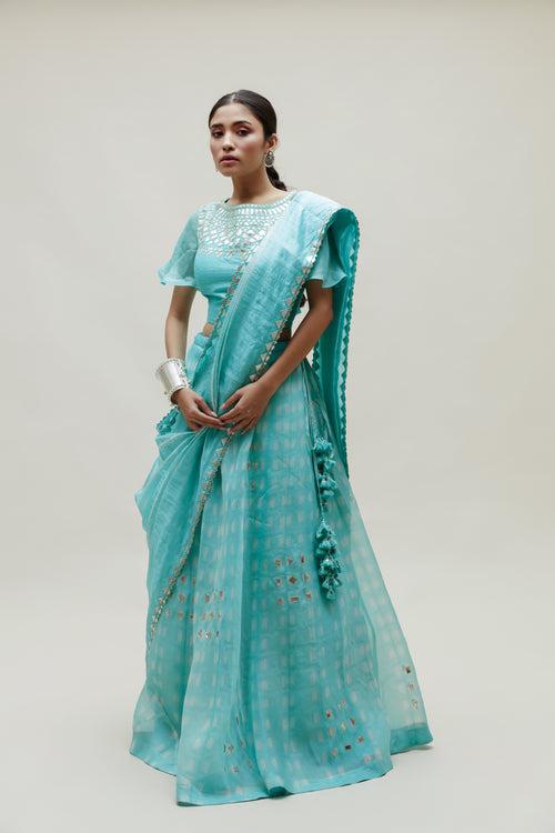 Clamp Dye Organza Gota Patti Lehenga Set - Sky Blue