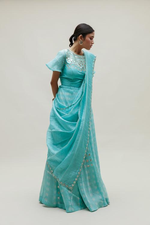 Clamp Dye Organza Gota Patti Lehenga Set - Sky Blue