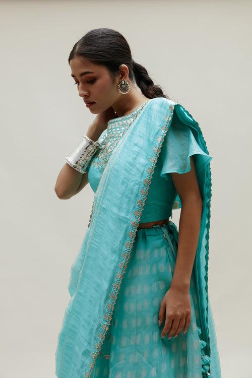 Clamp Dye Organza Gota Patti Lehenga Set - Sky Blue