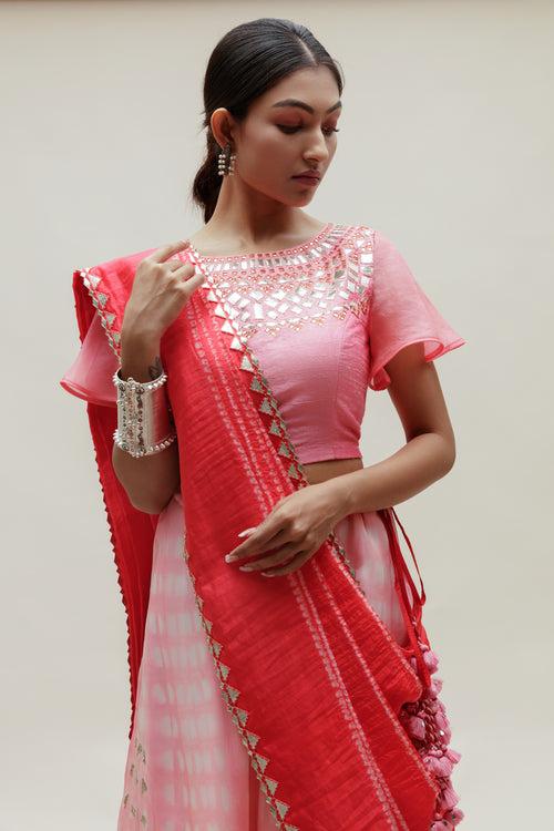 Clamp Dye Organza Gota Patti Lehenga Set - Pink Red