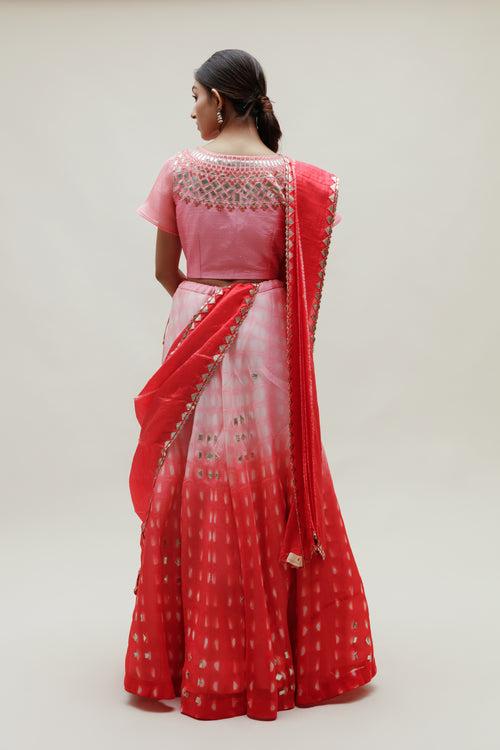 Clamp Dye Organza Gota Patti Lehenga Set - Pink Red