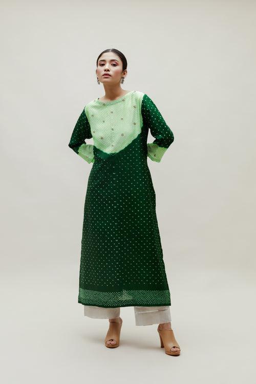 Bandhani Kurta on Pure Silk - Green