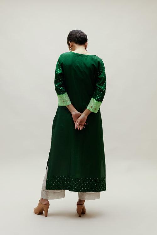 Bandhani Kurta on Pure Silk - Green