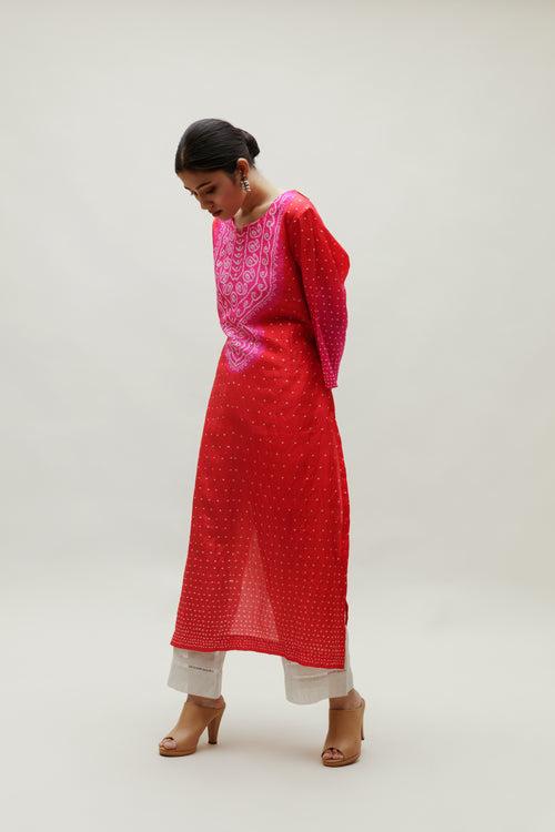 Bandhani Kurta on Pure Silk - Aba Yoke Rani Red