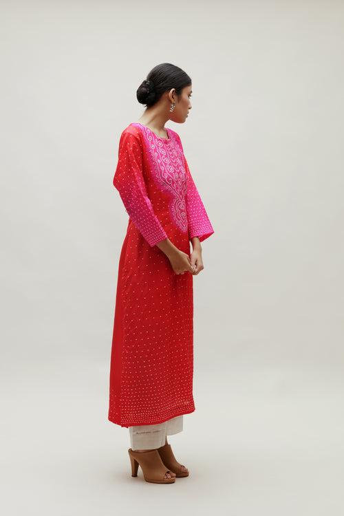 Bandhani Kurta on Pure Silk - Aba Yoke Rani Red