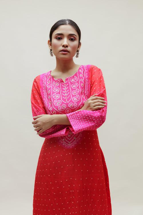 Bandhani Kurta on Pure Silk - Aba Yoke Rani Red