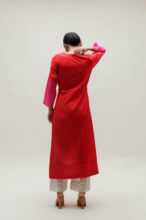 Bandhani Kurta on Pure Silk - Aba Yoke Rani Red