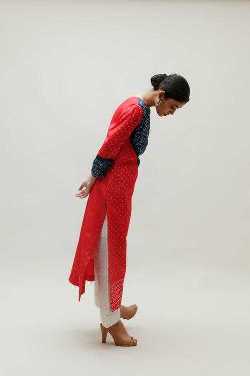 Bandhani Kurta on Pure Silk - Blue Red