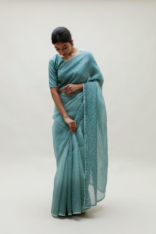 Bandhani on Organza Saree - Ocean Blue