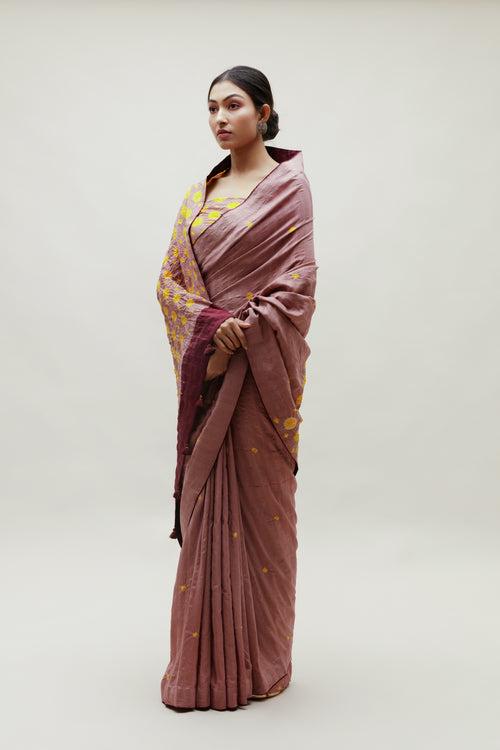 Bandhani Veda Saree - Occur, Yellow and Dull Green