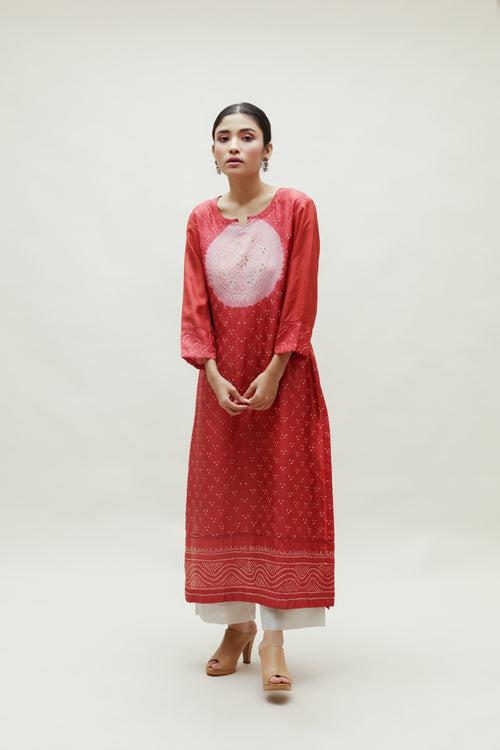 Bandhani Kurta on Pure Silk - Onion Pink