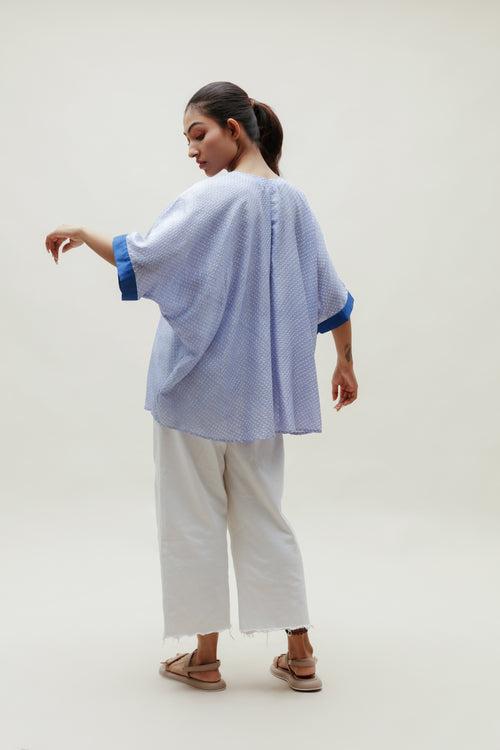 Sky Blue Bandhani on Silk Shirt