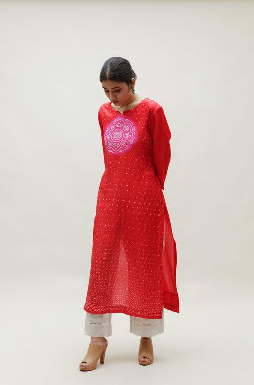 Bandhani Kurta on Pure Silk - Circle Yoke Rani Red