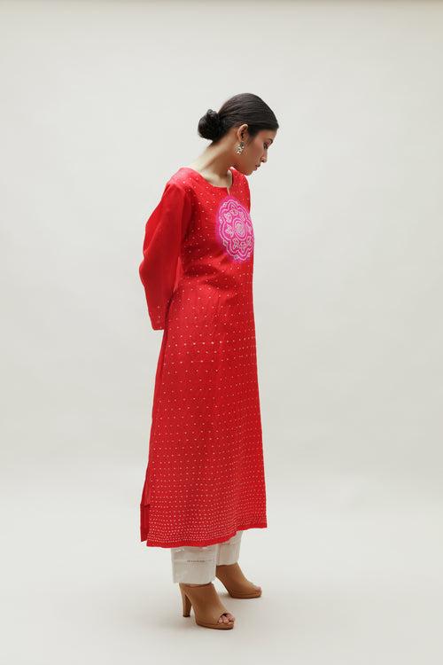 Bandhani Kurta on Pure Silk - Circle Yoke Rani Red