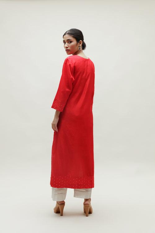 Bandhani Kurta on Pure Silk - Circle Yoke Rani Red