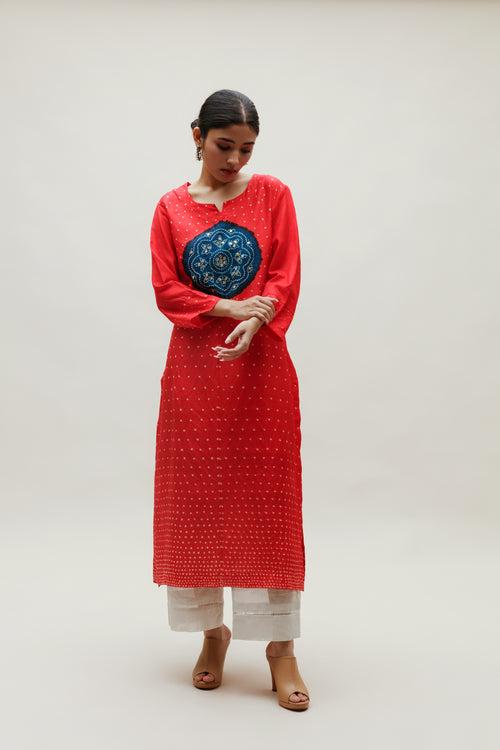 Bandhani Kurta on Pure Silk - Circle Yoke Blue Red