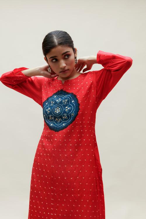 Bandhani Kurta on Pure Silk - Circle Yoke Blue Red