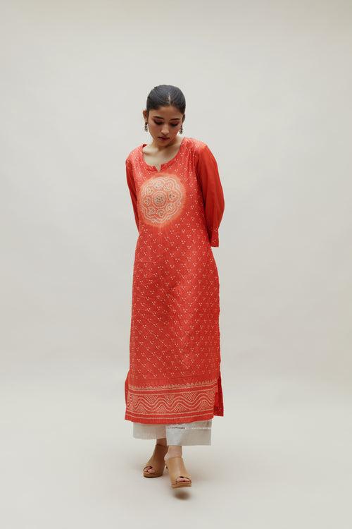 Bandhani Kurta on Pure Silk - Circle Yoke Orange