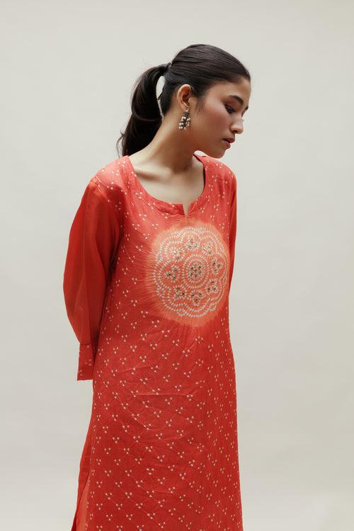 Bandhani Kurta on Pure Silk - Circle Yoke Orange