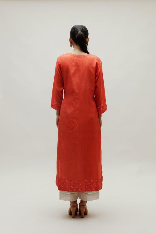 Bandhani Kurta on Pure Silk - Circle Yoke Orange