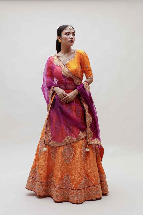 Sutra Lehenga - Mango Yellow Purple