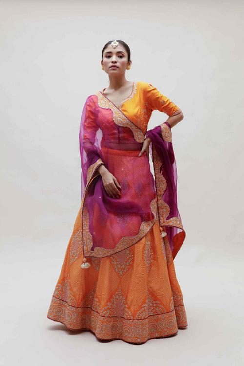 Sutra Lehenga - Mango Yellow Purple