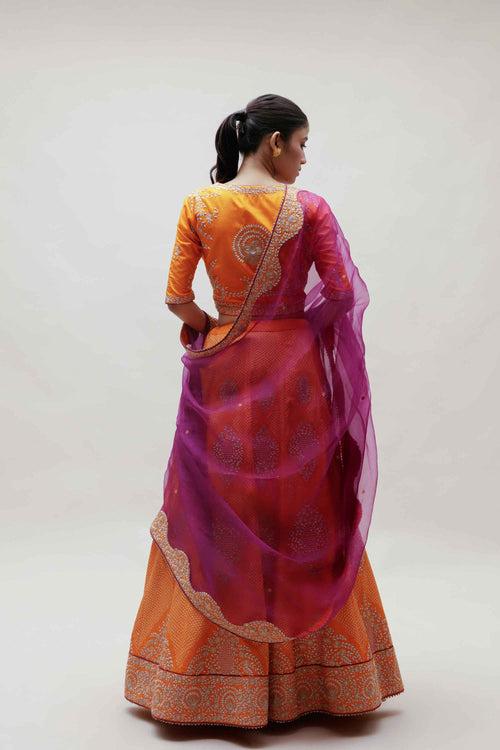 Sutra Lehenga - Mango Yellow Purple