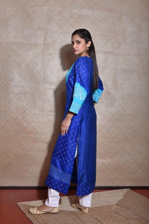 Bandhani Kurta on Pure Silk in Shades of Blue