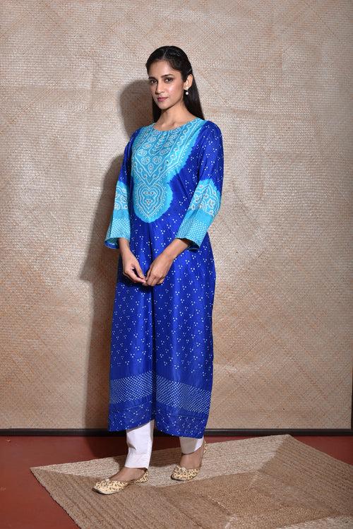 Bandhani Kurta on Pure Silk in Shades of Blue