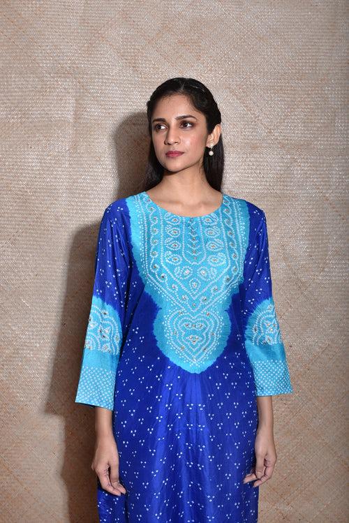 Bandhani Kurta on Pure Silk in Shades of Blue