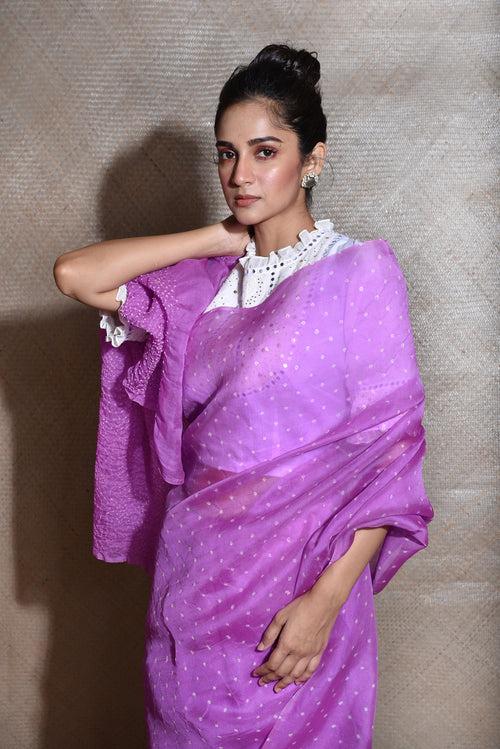 Bandhani on Organza Saree - Lavender