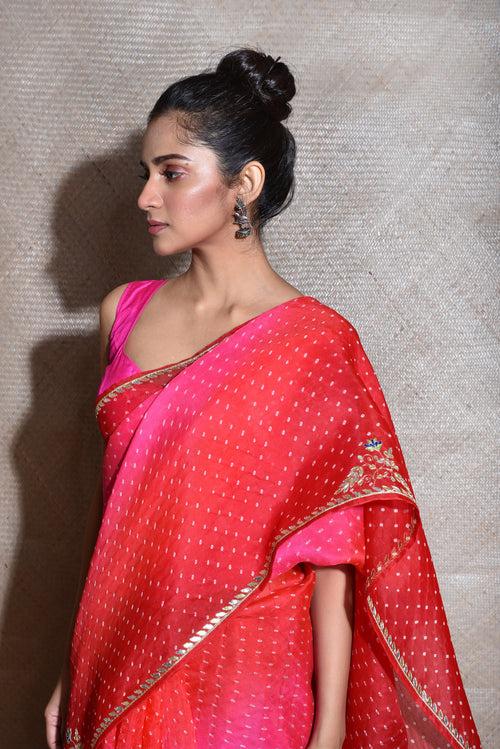 Bandhani on Organza Saree with Gota Patti - Pink Red