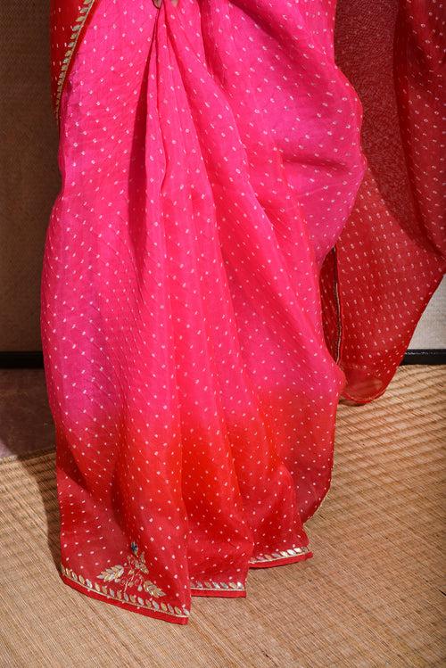 Bandhani on Organza Saree with Gota Patti - Pink Red