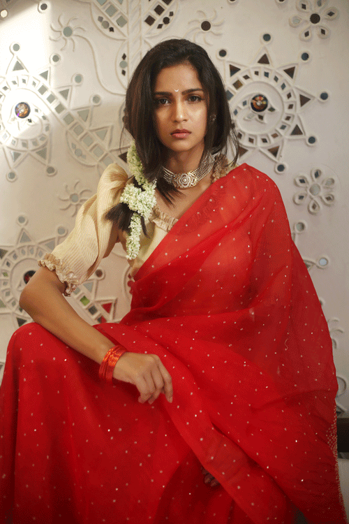 Bandhani on Organza Saree in a Bright Red