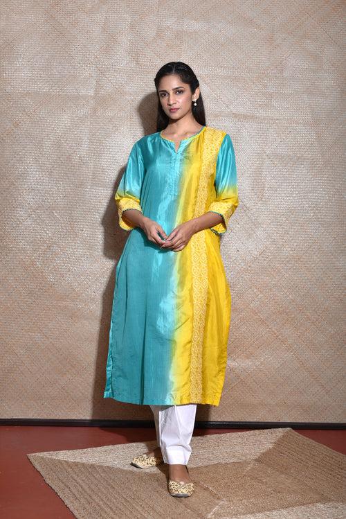 Ombre Kurta with Thread Work - Blue Yellow